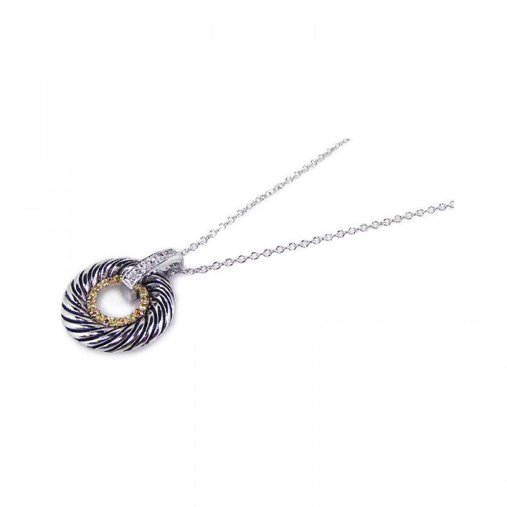 Silver 925 Clear CZ Gold and Rhodium Plated Twisted Circle Pendant Necklace - BGP00118 | Silver Palace Inc.