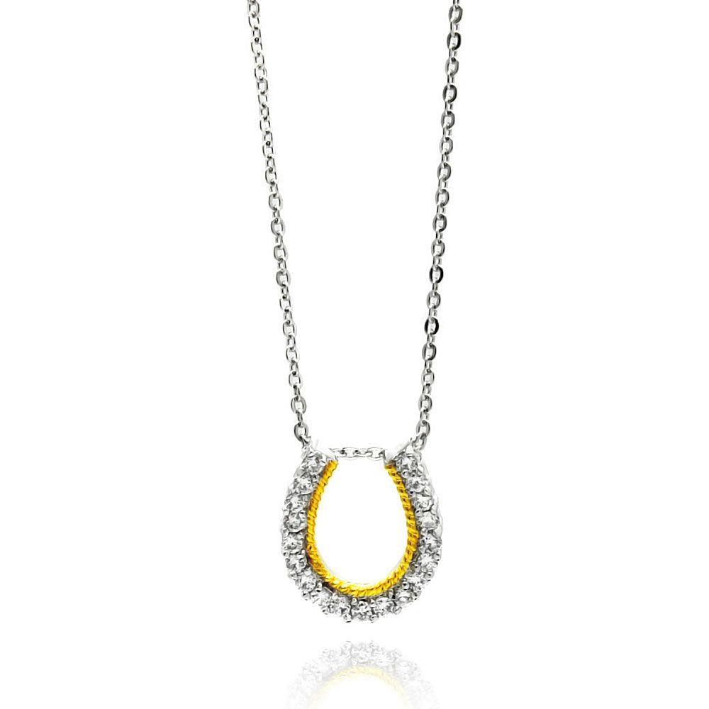 Silver 925 Clear CZ Gold Plated Horse Shoe Pendant Necklace - BGP00146 | Silver Palace Inc.