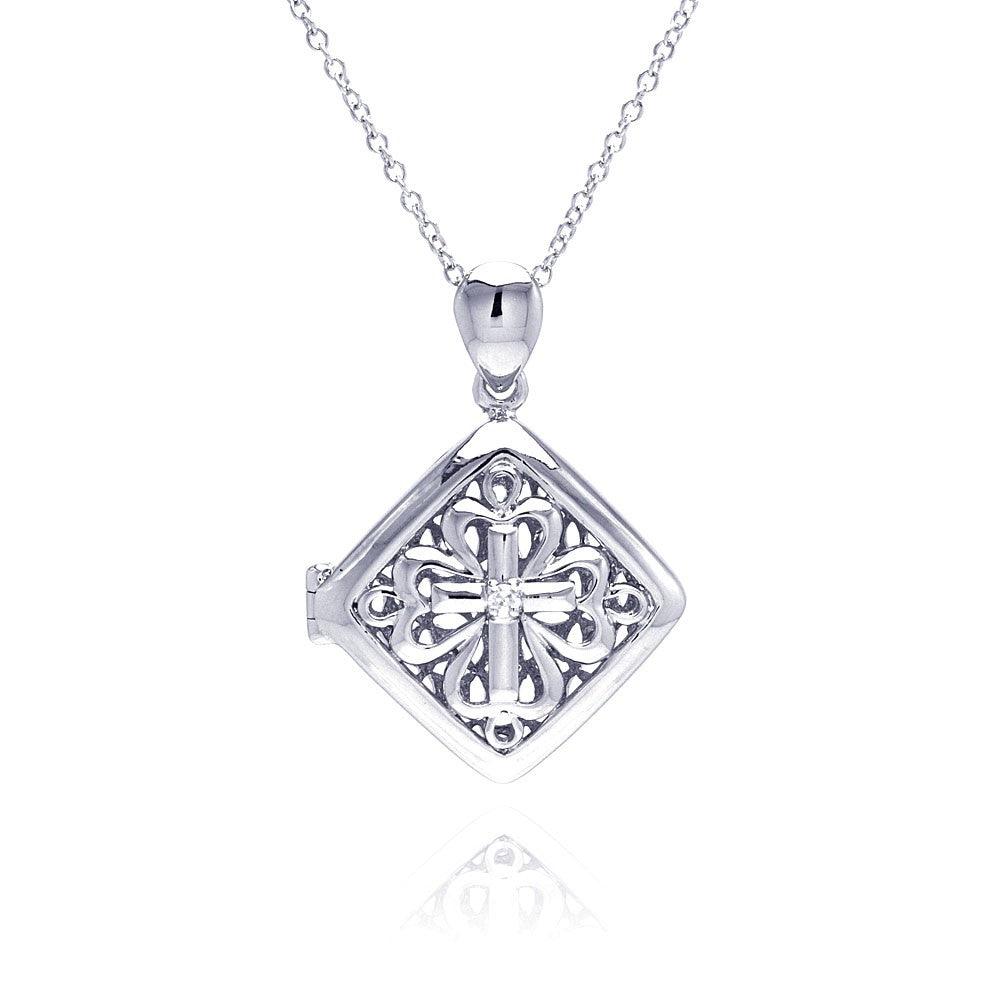 Closeout-Silver 925 Rhodium Square Filigree CZ Necklace - BGP00224 | Silver Palace Inc.