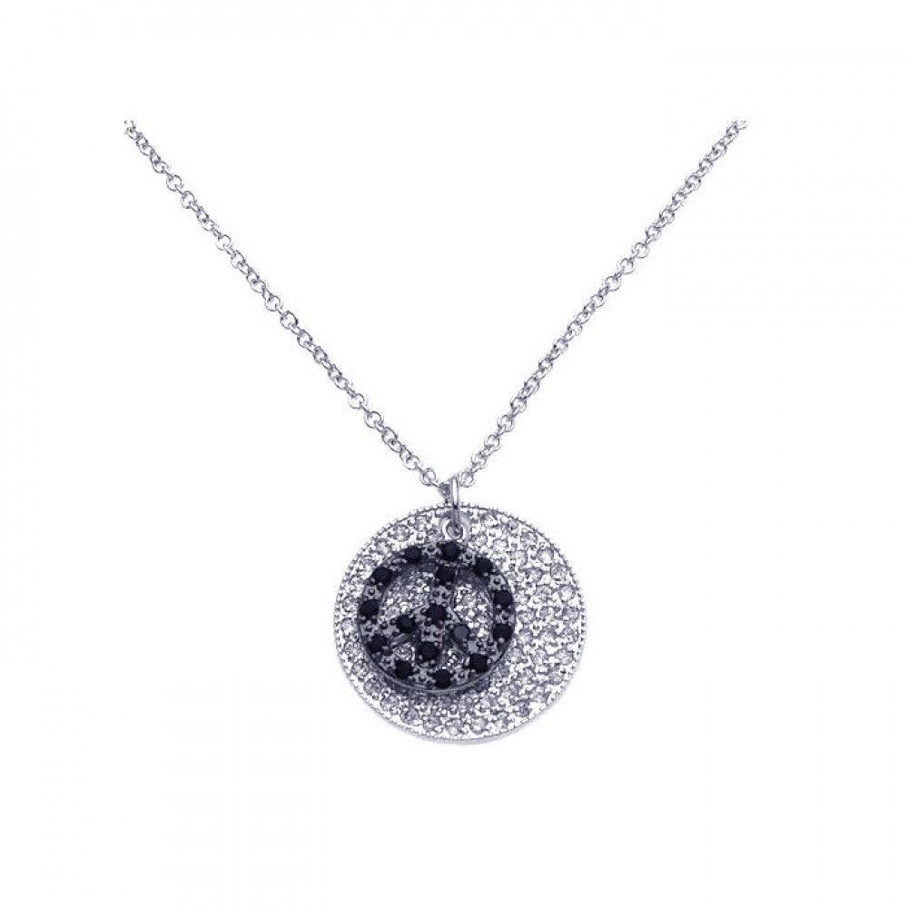 Closeout-Silver 925 Rhodium Circle Open Black Peace Sign CZ Necklace - BGP00243 | Silver Palace Inc.