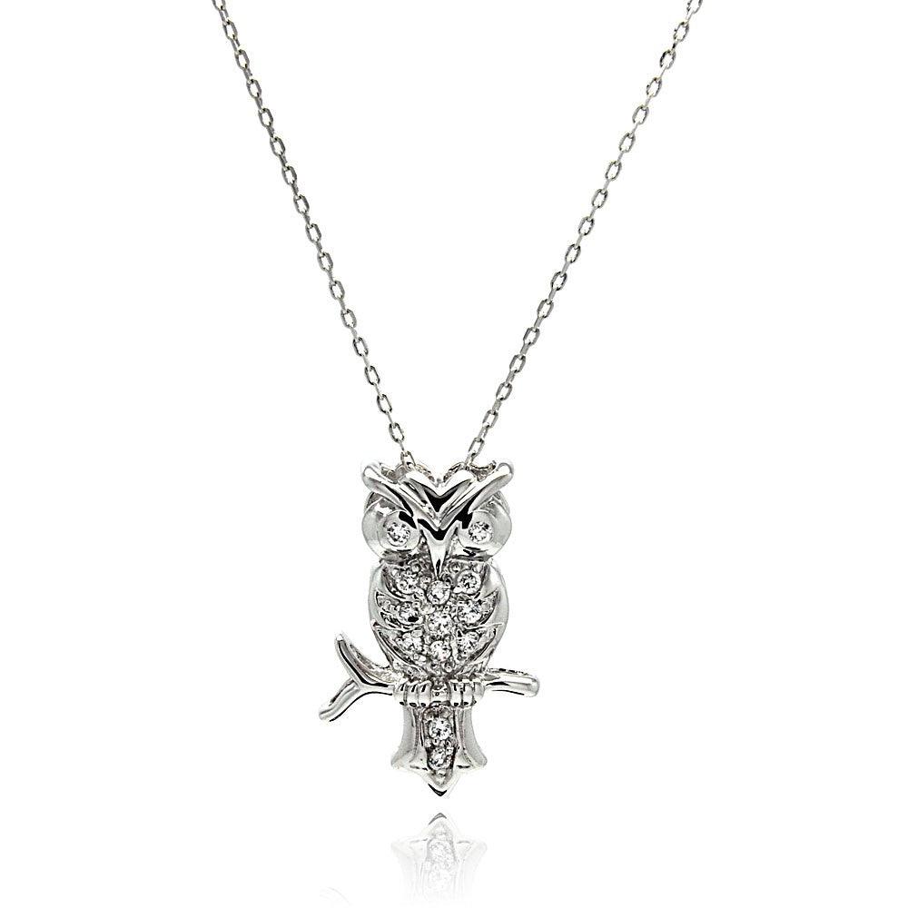 Silver 925 Rhodium Plated Owl CZ Necklace - BGP00512 | Silver Palace Inc.