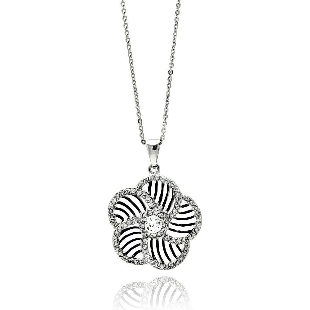 Closeout-Silver 925 Rhodium Plated Flower Inner Zebra Print CZ Necklace - BGP00519 | Silver Palace Inc.