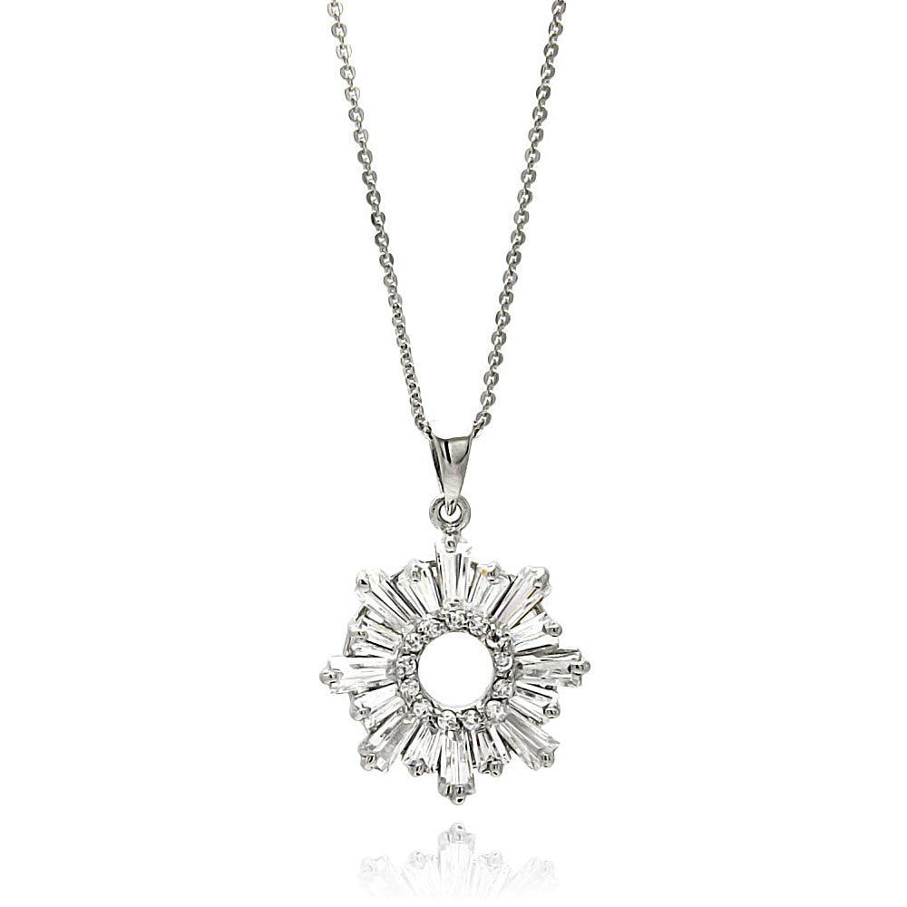 Closeout-Silver 925 Rhodium Plated Open Sun Baguette CZ Necklace - BGP00584 | Silver Palace Inc.