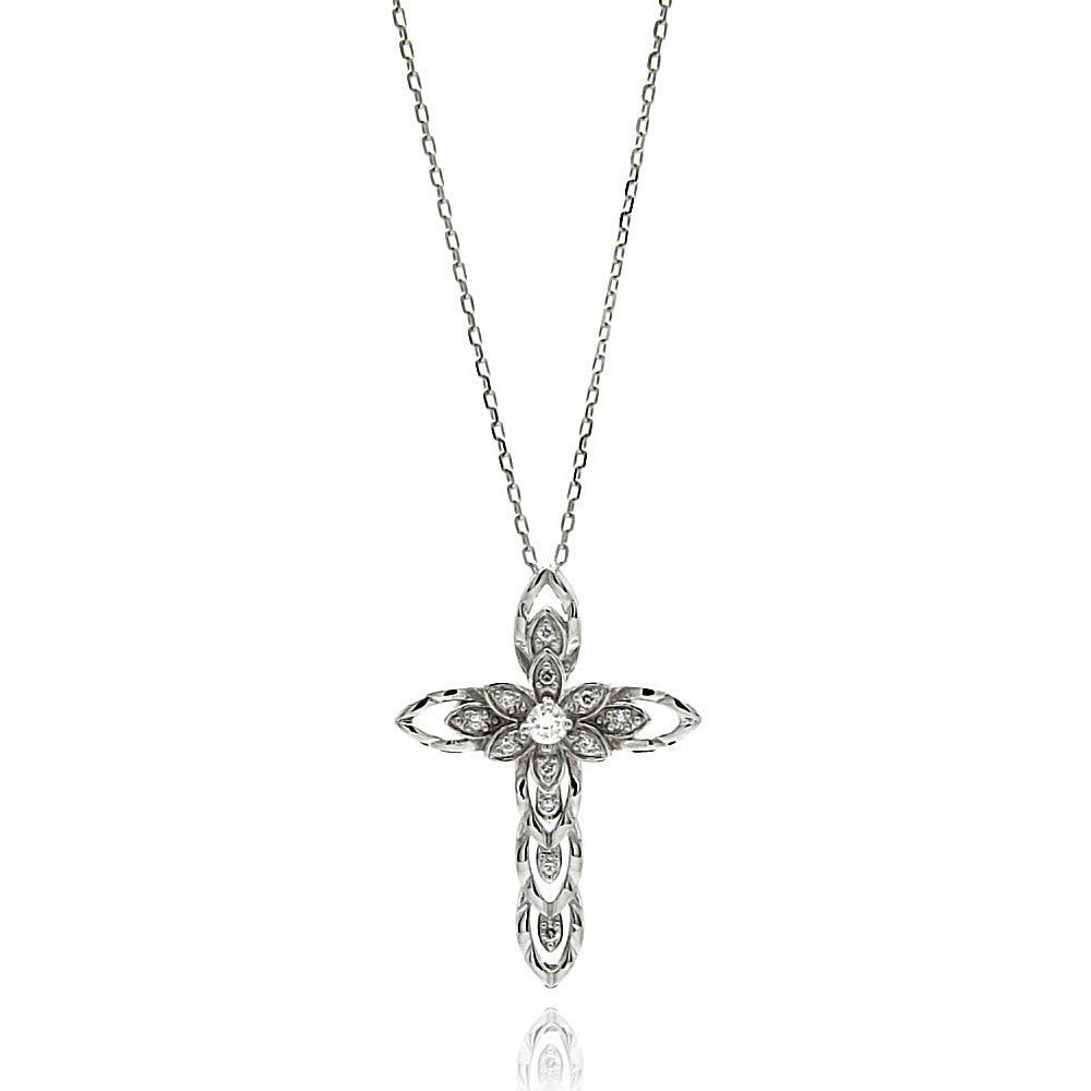 Silver 925 Rhodium Plated Open Cross CZ Necklace - BGP00617 | Silver Palace Inc.