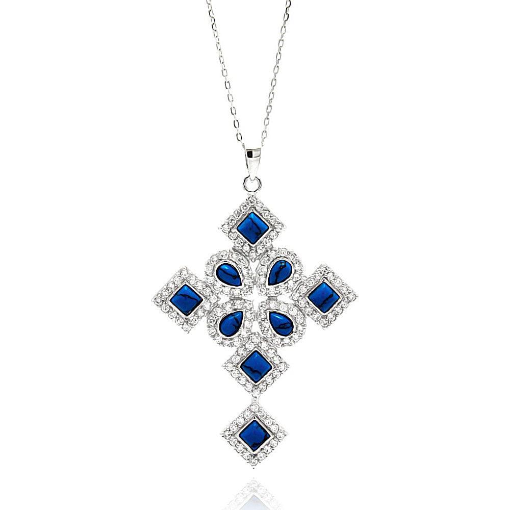 Silver 925 Rhodium Plated Blue Multiple Shape Cross CZ Necklace - BGP00645 | Silver Palace Inc.