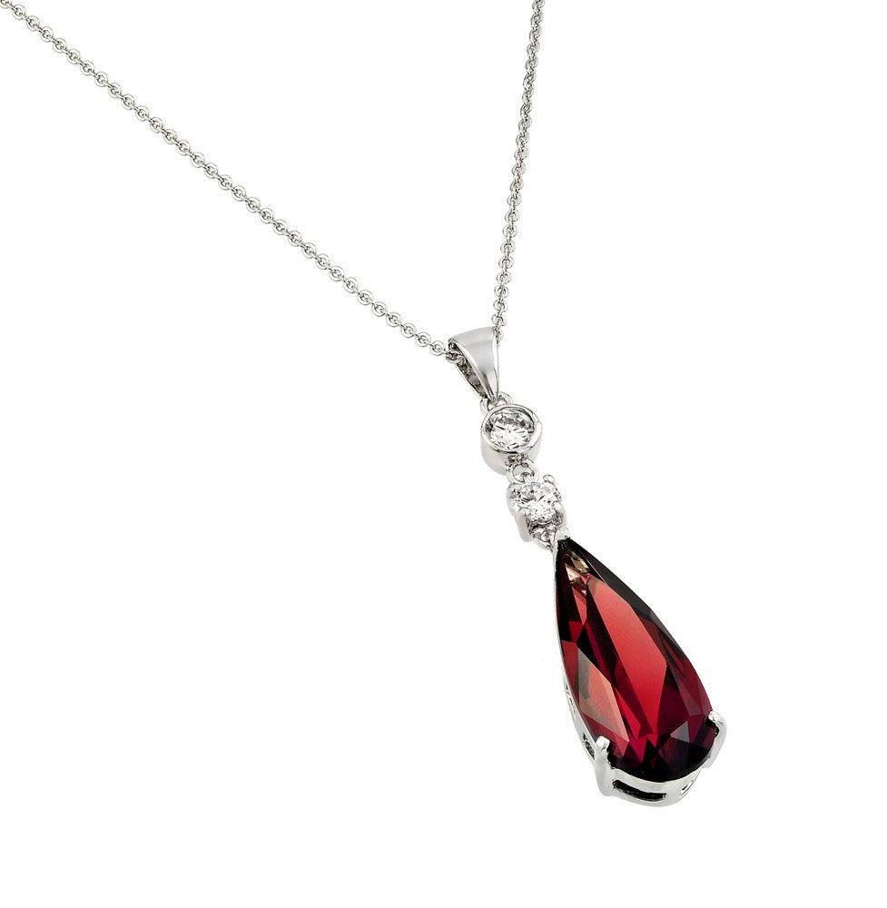 Silver 925 Rhodium Plated Teardrop Red CZ Dangling Necklace - BGP00810R | Silver Palace Inc.
