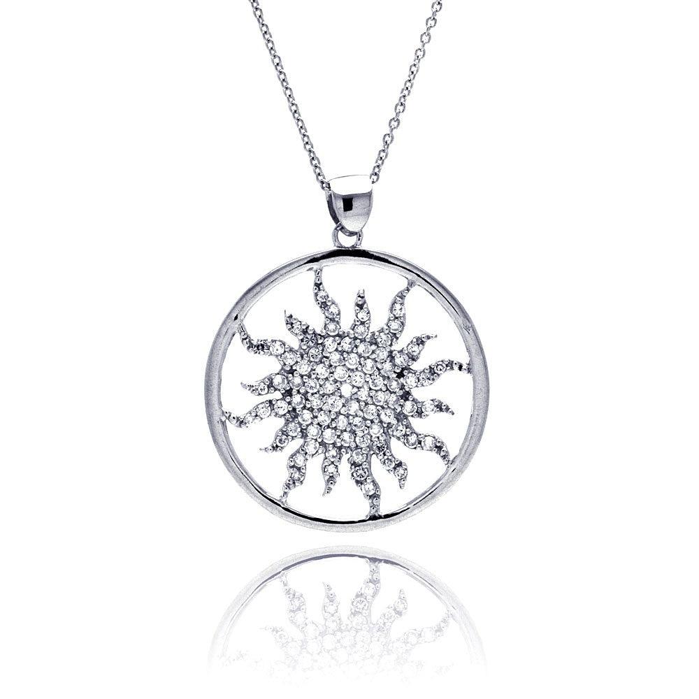 Silver 925 Clear CZ Rhodium Plated Round Tribal Design Pendant Necklace - STP00009 | Silver Palace Inc.