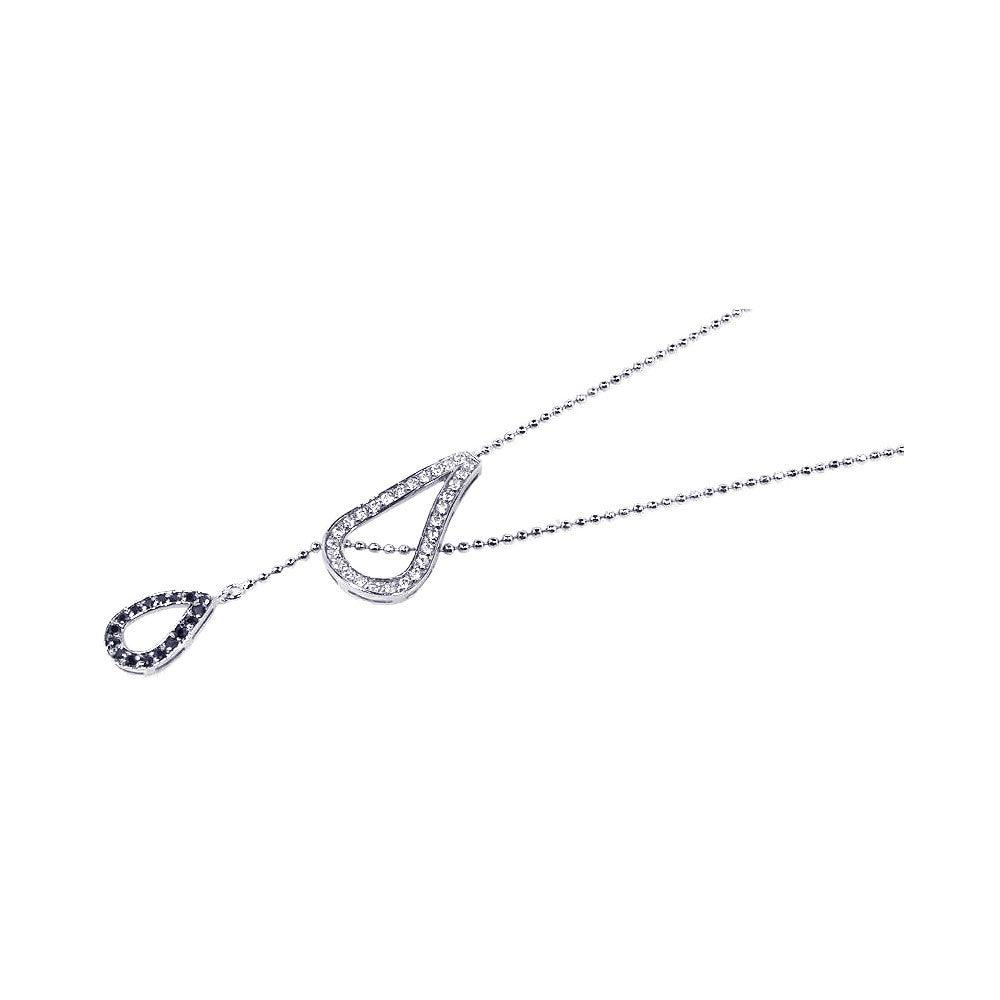 Closeout-Silver 925 Rhodium Plated Two Teardrop Black and Clear CZ Wire Dangling Necklace - STP00583 | Silver Palace Inc.