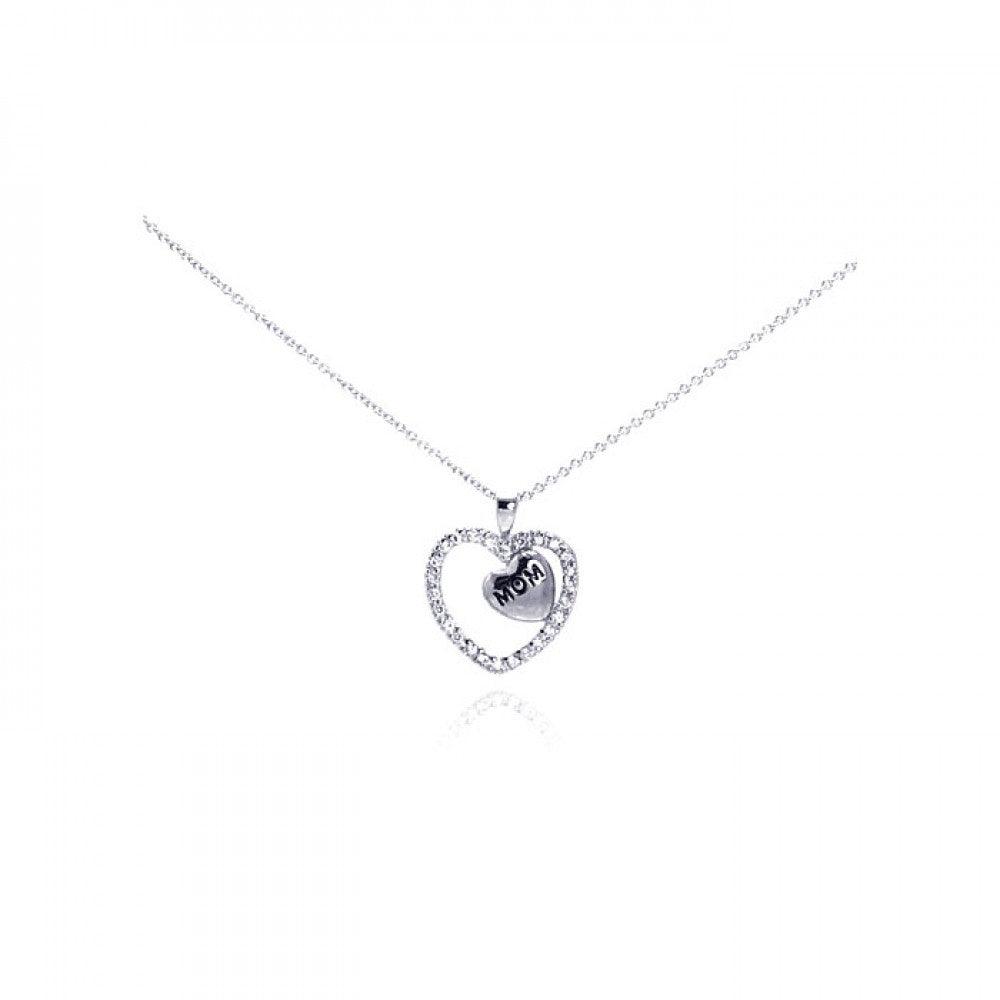 Silver 925 Rhodium Plated Clear CZ Engraved "Mom" Heart Pendant Necklace - STP00632 | Silver Palace Inc.