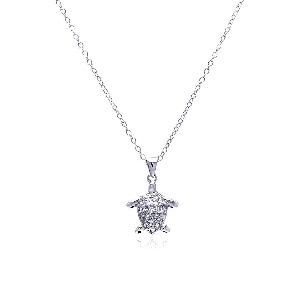 Silver 925 Rhodium Plated Clear CZ Turtle Pendant Necklace - STP00795 | Silver Palace Inc.
