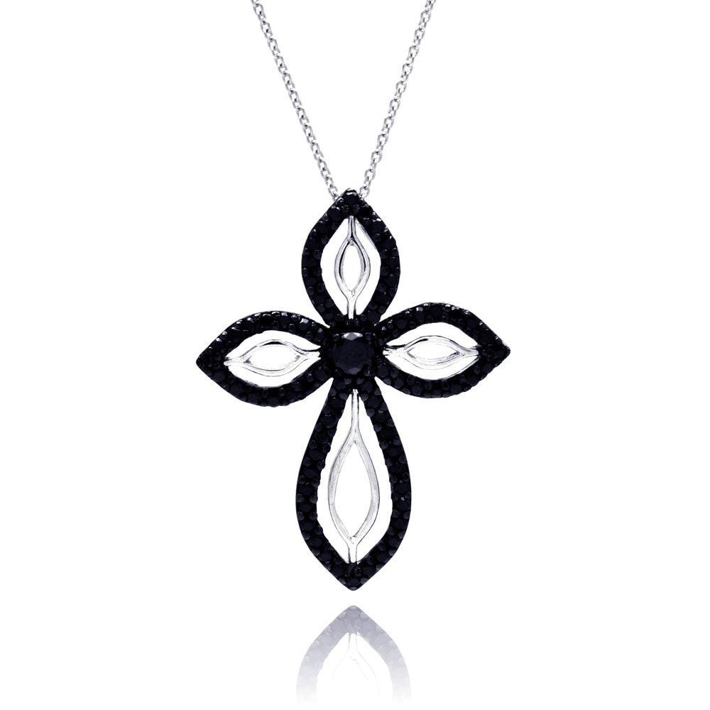 Closeout-Silver 925 Rhodium and Black Rhodium Plated Clear and Black CZ Cross Pendant Necklace - STP00804 | Silver Palace Inc.