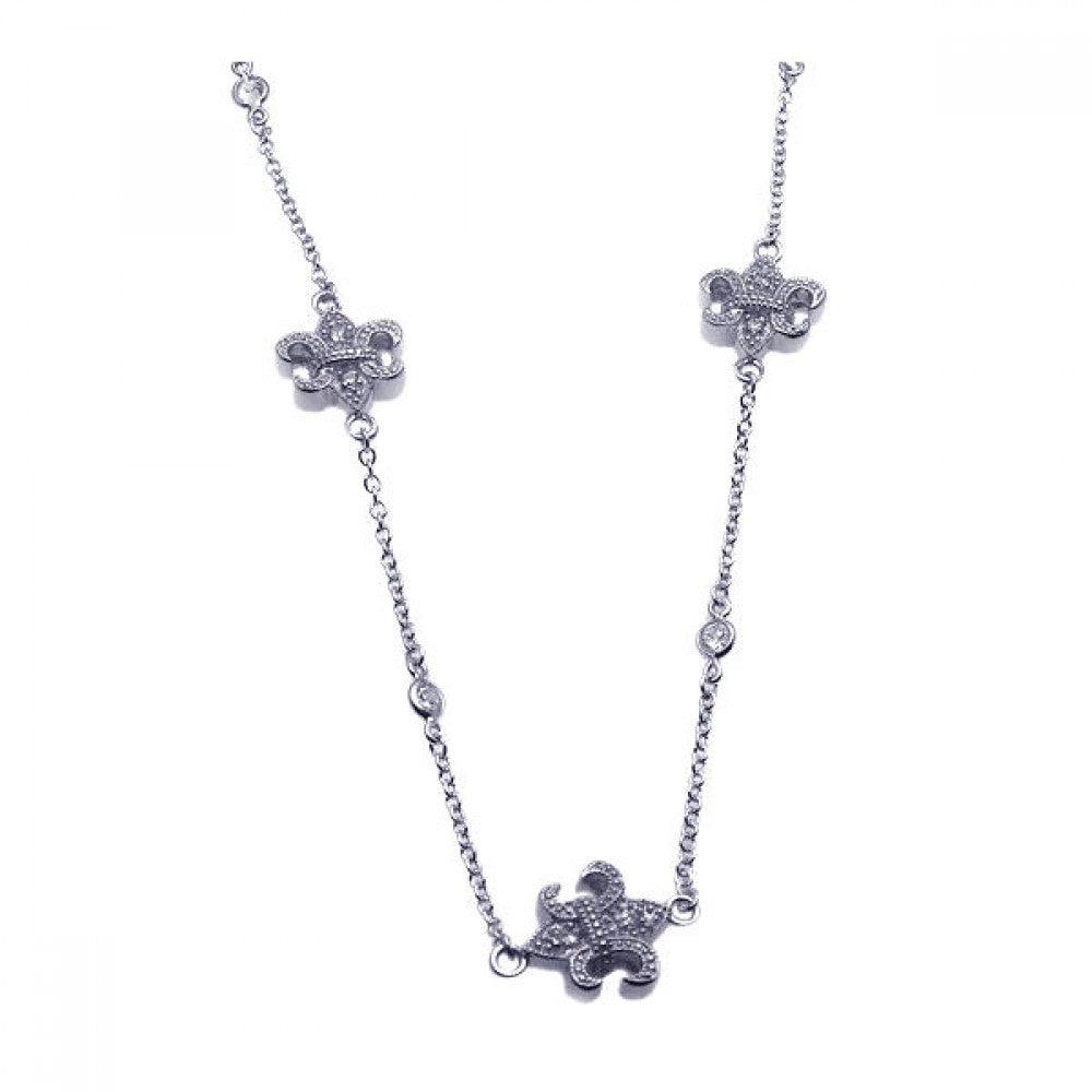 Closeout-Silver 925 Rhodium Plated Clear CZ Flor De Lis Pendant Necklace - STP00912 | Silver Palace Inc.