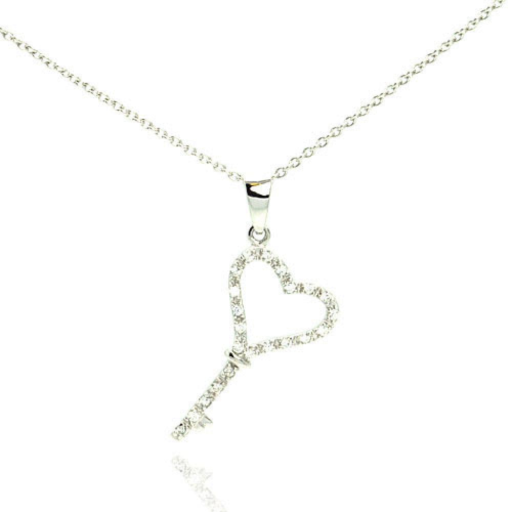 Silver 925 Rhodium Plated Clear CZ Key Pendant Necklace - STP01000 | Silver Palace Inc.