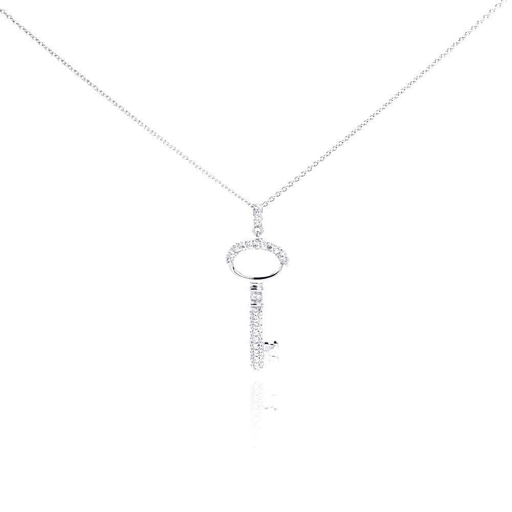 Silver 925 Rhodium Plated Clear CZ Key Pendant Necklace - STP01001 | Silver Palace Inc.