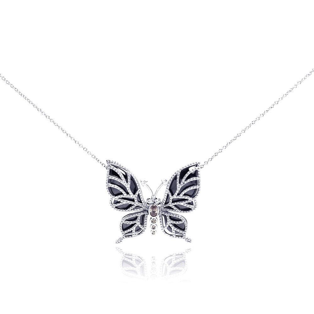 Silver 925 Rhodium Plated Clear CZ Butterfly Onyx Pendant Necklace - STP001016 | Silver Palace Inc.