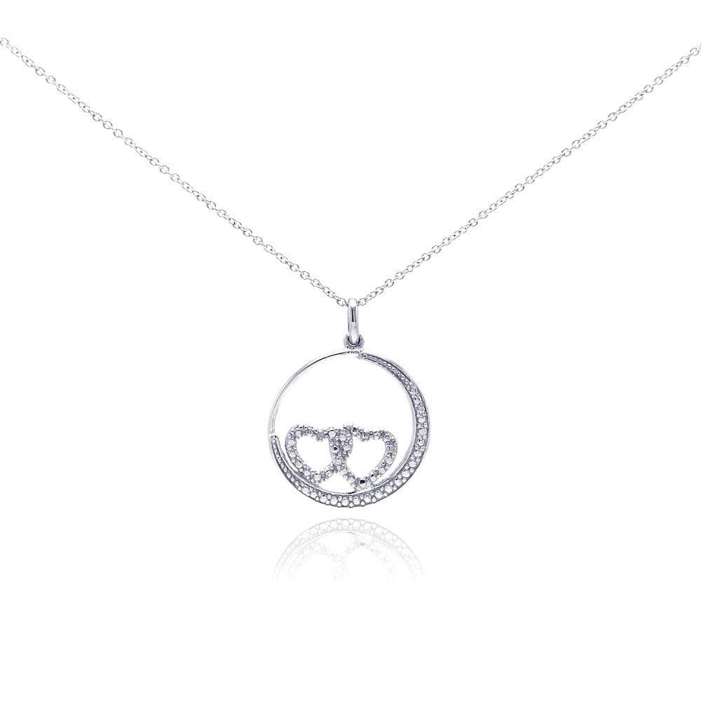 Silver 925 Rhodium Plated Clear Diamond Double Heart Circle Pendant Necklace - STP01034 | Silver Palace Inc.
