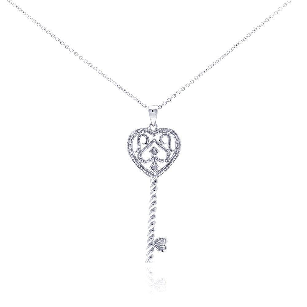 Silver 925 Rhodium Plated Clear Diamond Key Pendant Necklace - STP01041 | Silver Palace Inc.