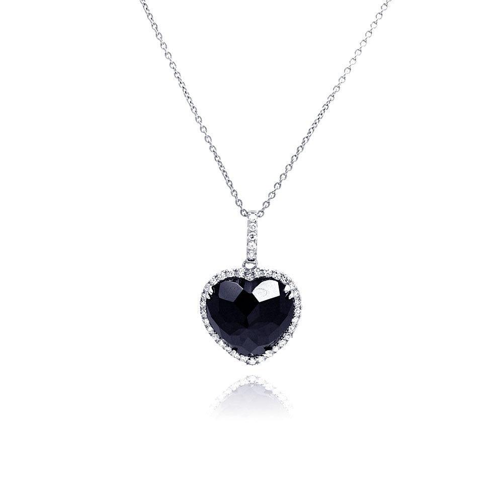 Closeout-Silver 925 Rhodium Plated Clear CZ Black Onyx Heart Pendant Necklace - STP01051 | Silver Palace Inc.