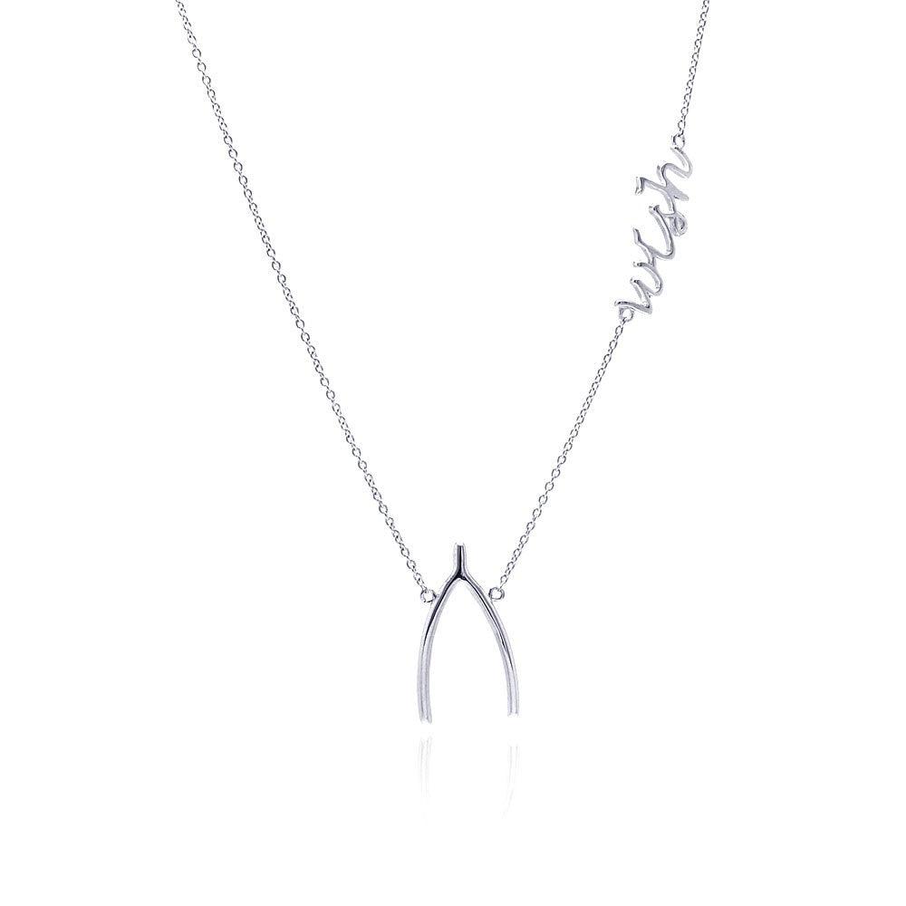 Silver 925 Rhodium Plated Clear CZ Wishbone Pendant Necklace - STP01130 | Silver Palace Inc.
