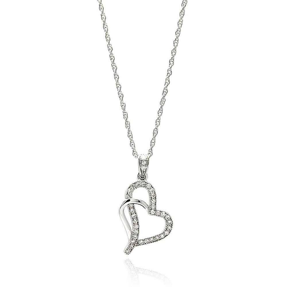 Silver 925 Rhodium Plated Clear CZ Heart Pendant Necklace - STP01351 | Silver Palace Inc.