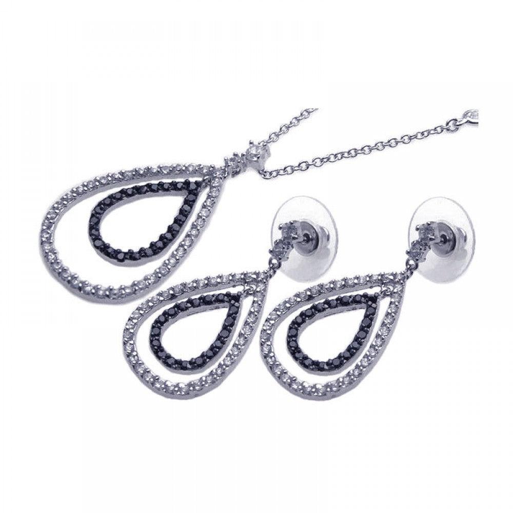 Silver Rhodium and Black Rhodium Plated Clear and Black Open Tear Drop CZ Dangling Set - BGS00037 | Silver Palace Inc.