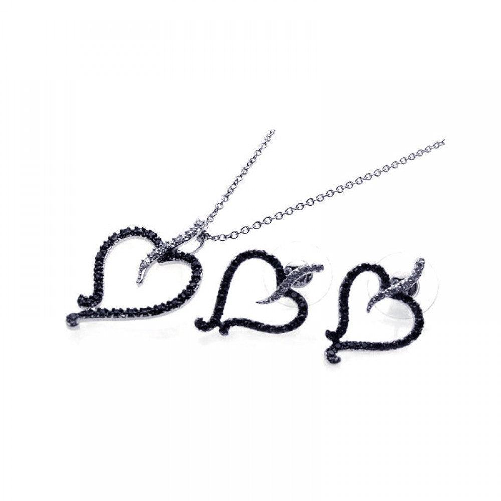 Closeout-Silver 925 Rhodium Plated Black and Clear Open Heart CZ Stud Earring and Dangling Necklace Set - BGS00070 | Silver Palace Inc.