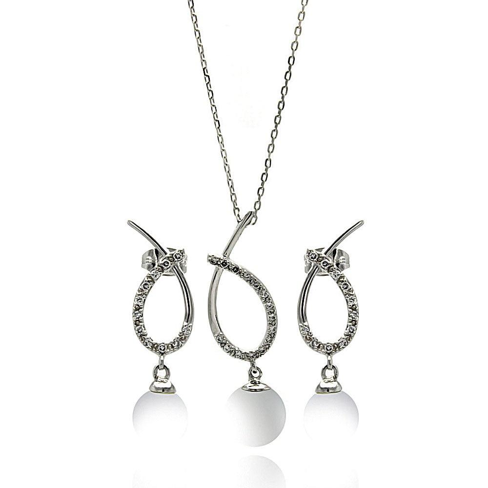 Silver 925 Rhodium Plated Clear Open Overlap Oval Teardrop Pearl CZ Hanging Set - BGS00252 | Silver Palace Inc.