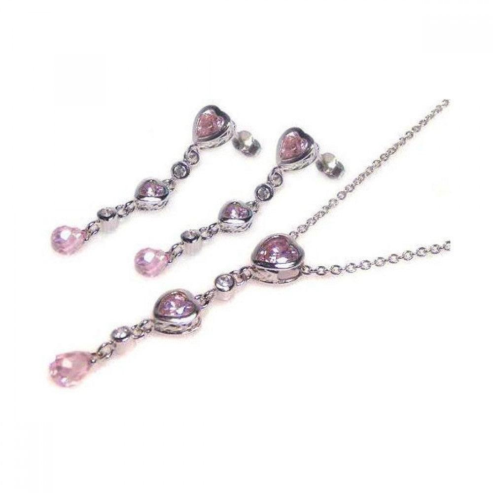 Closeout-Silver 925 Rhodium Plated Graduated Pink Heart and Clear Teardrop CZ Dangling Set - STS00025 | Silver Palace Inc.