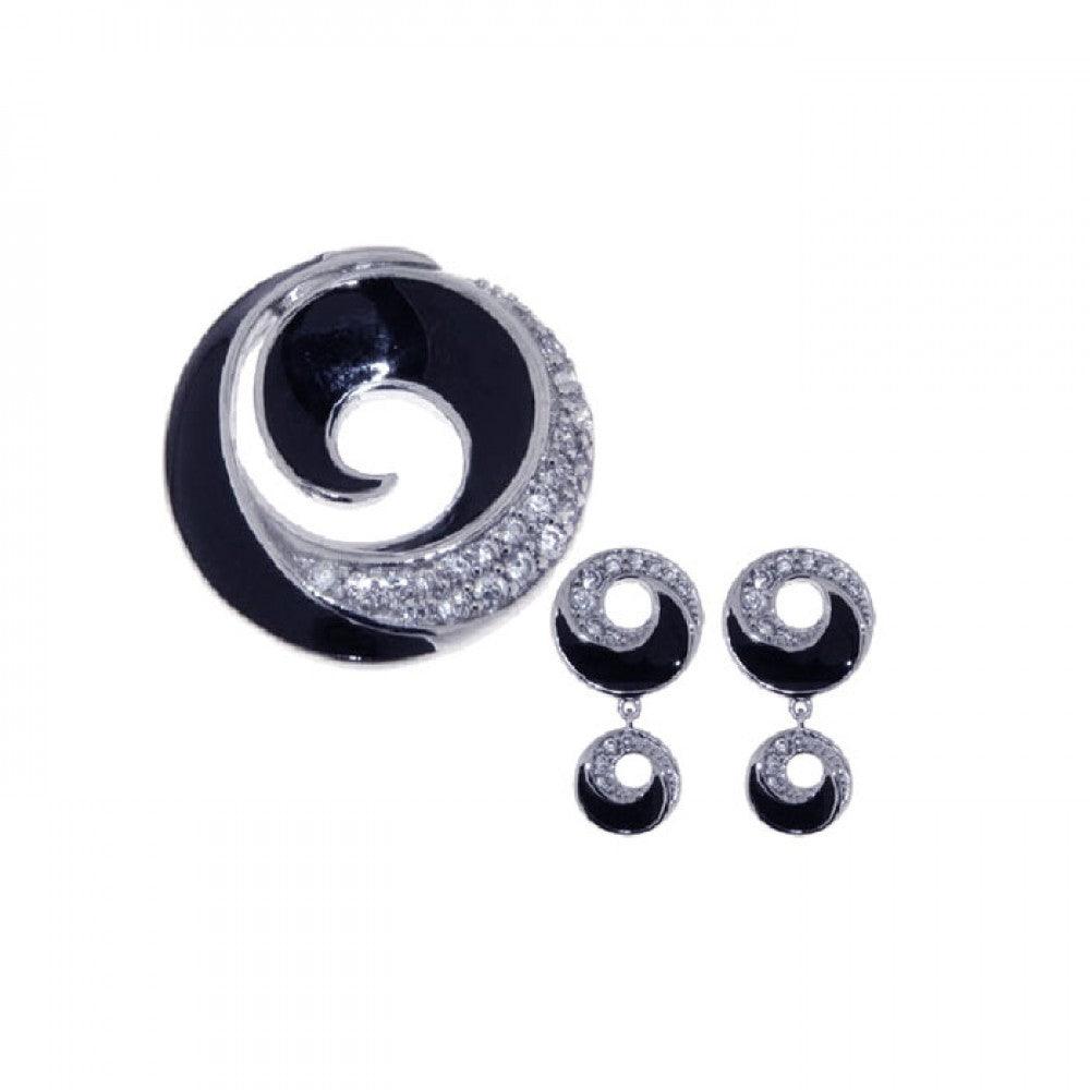 Closeout-Silver 925 Rhodium Plated Open Circle CZ Dangling Graduated Black Onyx Earring and Necklace Set - STS00226 | Silver Palace Inc.