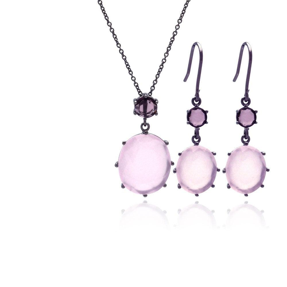 Closeout-Silver 925 Rhodium Plated Light Pink Round CZ Dangling Hook Earring and Necklace Set - STS00320 | Silver Palace Inc.