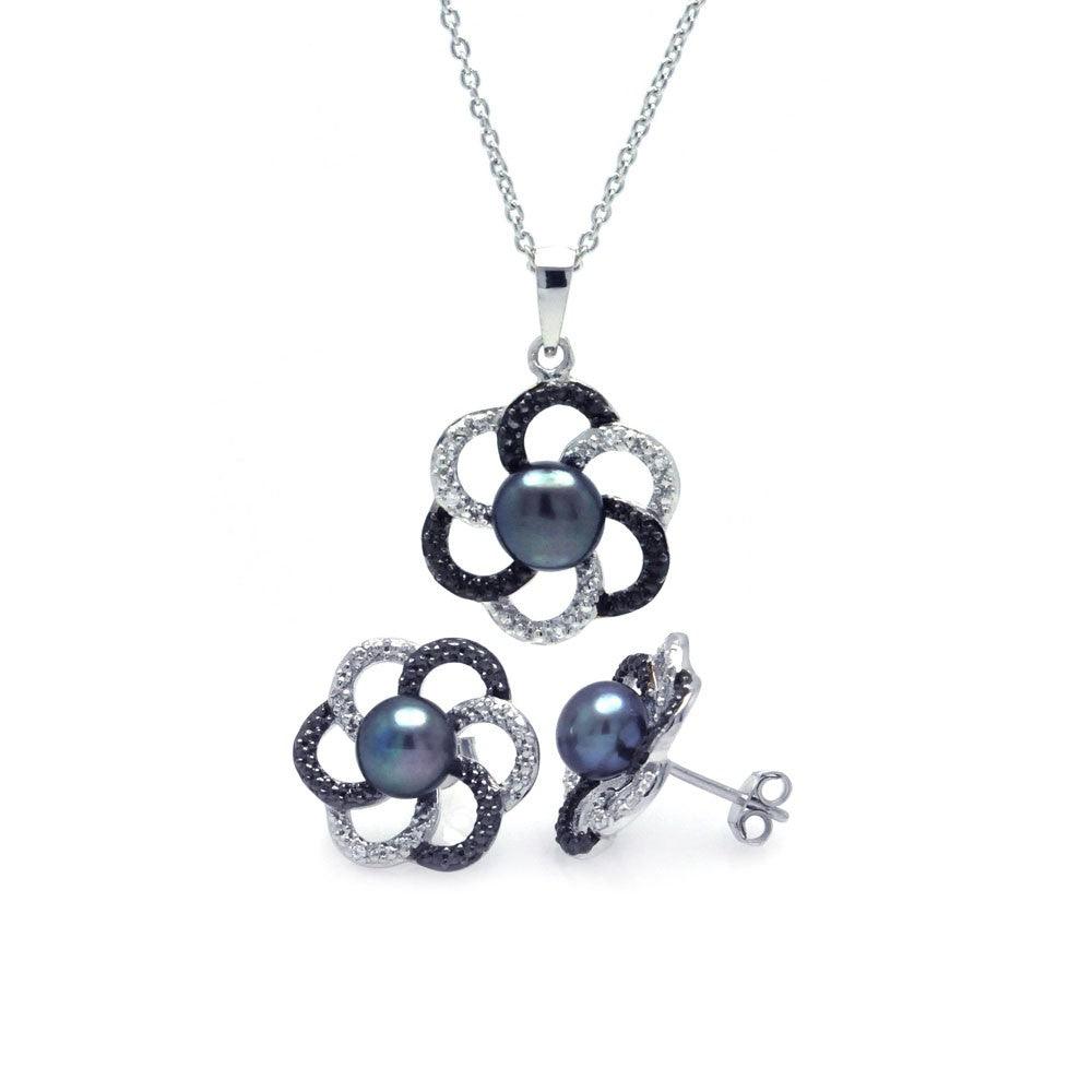 Silver 925 Rhodium Plated 2 Toned Open Flower CZ Fresh Water Black Pearl Set - STS00338 | Silver Palace Inc.