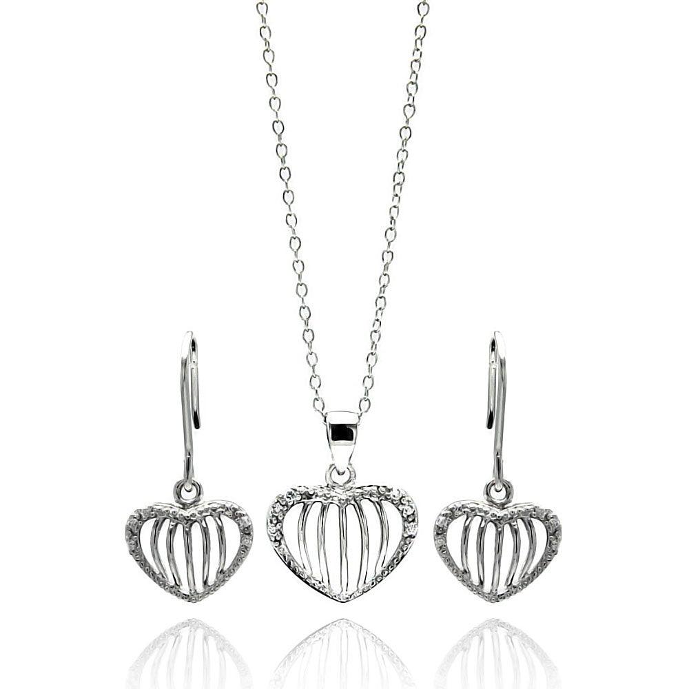 Silver 925 Rhodium Plated Open Heart Stripe CZ Stud Earring and Necklace Set - STS00434 | Silver Palace Inc.