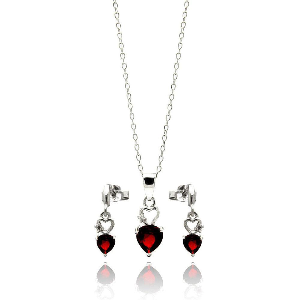 Silver 925 Rhodium Plated Open Graduated Red Heart Stud Earring and Necklace Set - STS00438 | Silver Palace Inc.
