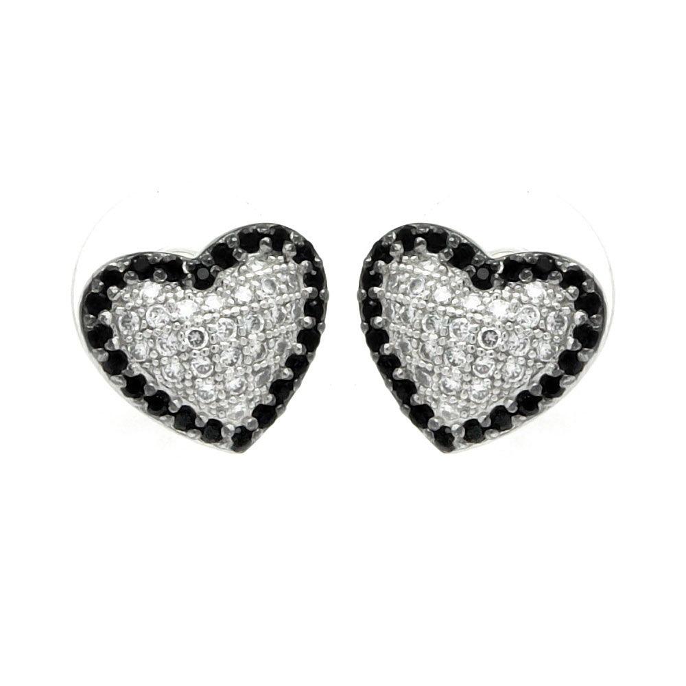 Silver Rhodium Plated Black and Clear Heart CZ Inlay Outline Stud Earrings - BGE00215 | Silver Palace Inc.