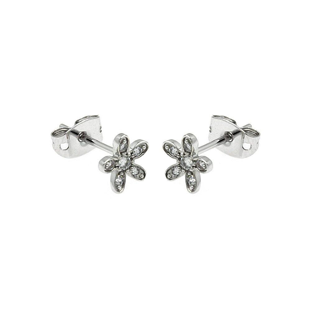 Silver 925 Rhodium Plated Flower CZ Stud Earrings - BGE00251 | Silver Palace Inc.