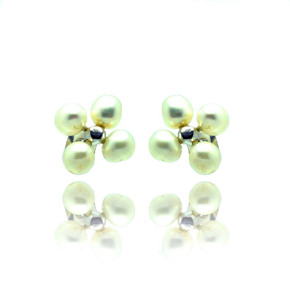 Silver 925 Rhodium Plated Flower Fresh Water Pearl Stud Earrings - BGE00320 | Silver Palace Inc.