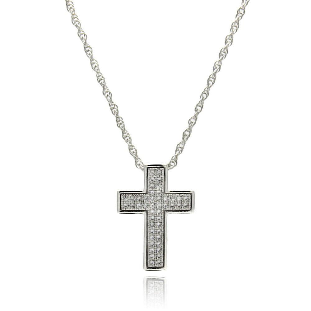 Silver 925 Rhodium Plated Clear CZ Cross Pendant Necklace - STP01326 | Silver Palace Inc.