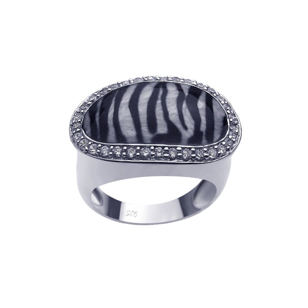 Closeout-Silver 925 Rhodium Plated Clear CZ Border Zebra Print Ring - BGR00189