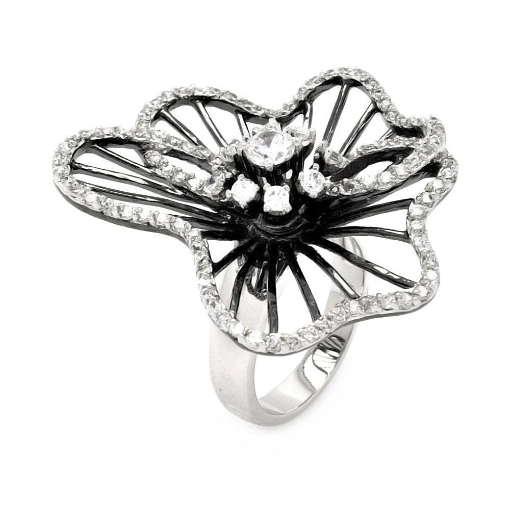 Silver 925 Rhodium and Black Rhodium Plated Clear CZ Wavy Flower Ring - BGR00330 | Silver Palace Inc.