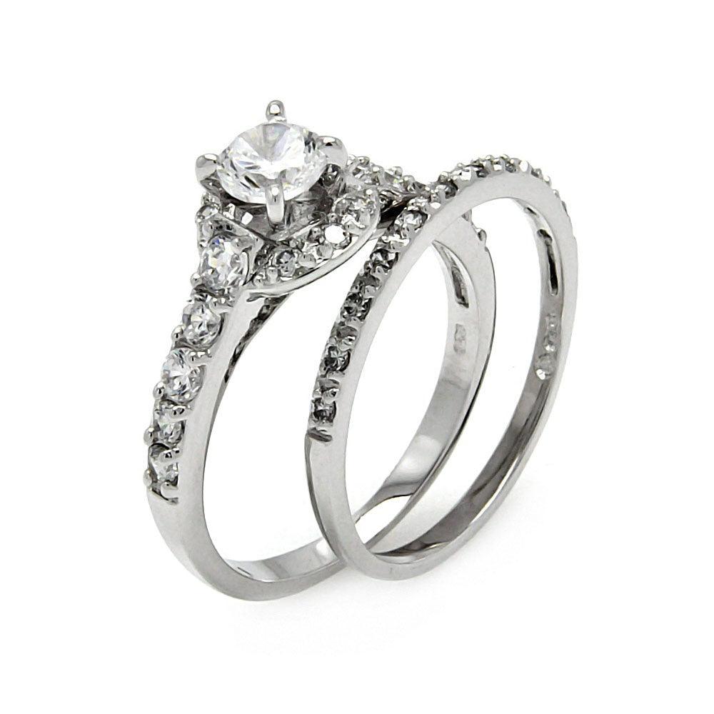 Silver 925 Rhodium Plated Clear Round Center Pave Set CZ Bridal Ring Set - BGR00452 | Silver Palace Inc.