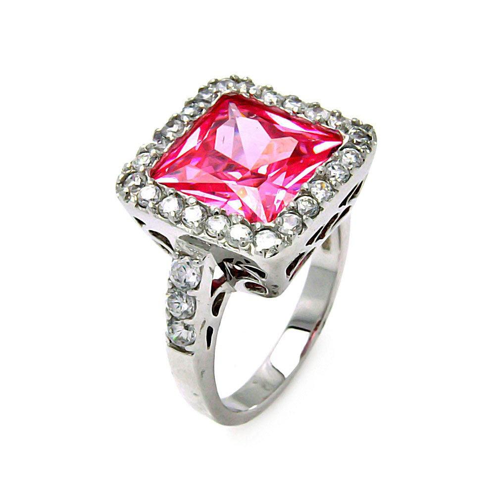 Closeout-Silver 925 Rhodium Plated Pink Square Clear Cluster CZ Ring - STR00081PINK | Silver Palace Inc.