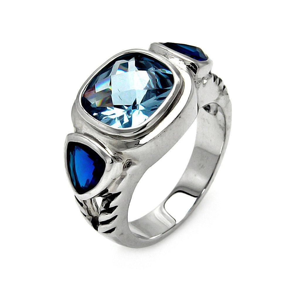 Closeout-Silver 925 Rhodium Plated Square Blue Cushion Cut Triangular CZ Ring - STR00082BLU | Silver Palace Inc.