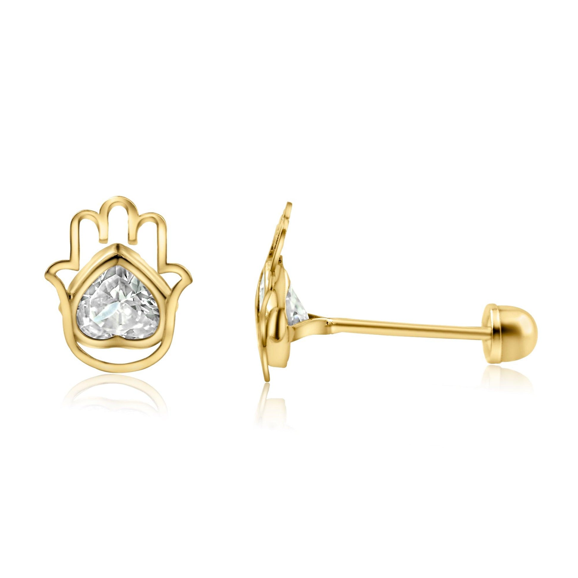 14 Karat Yellow Gold Hamsa Heart CZ Screw Back Stud Earrings | Silver Palace Inc.