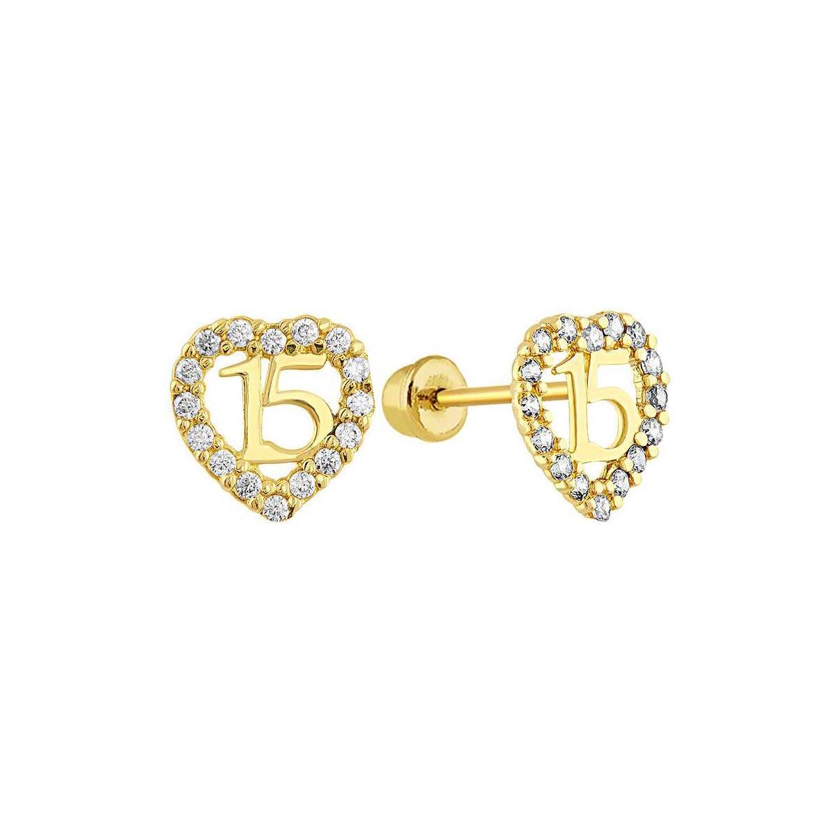 14 Karat Yellow Gold Heart CZ Quinceanera Screw Back Stud Earrings | Silver Palace Inc.