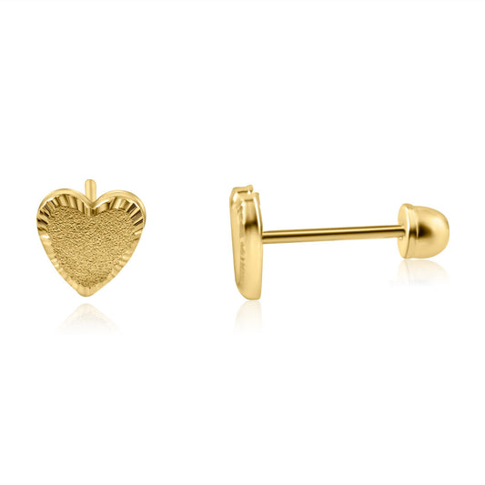 14 Karat Yellow Gold Diamond Cut  Edge Textured Heart  Screw Back Stud Earrings | Silver Palace Inc.