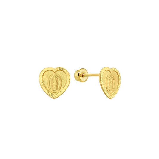 14 Karat Yellow Gold Diamond Cut Heart Lady of Guadalupe Screw Back Stud Earrings | Silver Palace Inc.