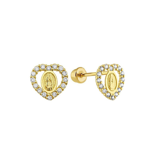 14 Karat Yellow Gold CZ Heart Guadalupe Screw Back Stud Earrings | Silver Palace Inc.