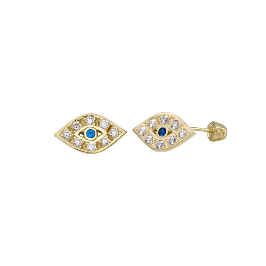 14 Karat Yellow Gold CZ Evil Eye Screw Back Earrings | Silver Palace Inc.