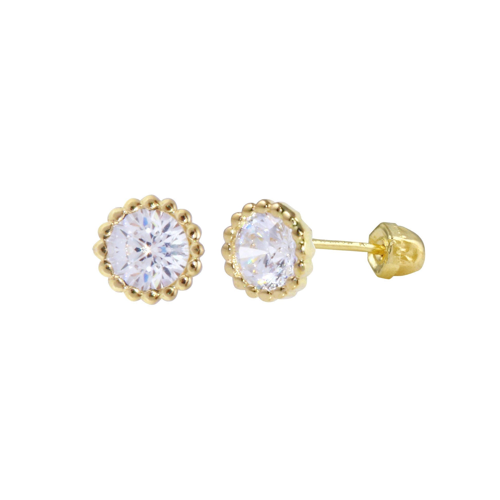 14 Karat Yellow Gold Beaded Border Round CZ Screw Back Earrings | Silver Palace Inc.