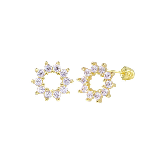 14 Karat Yellow Gold Open Sunflower CZ Screw Back Earrings | Silver Palace Inc.